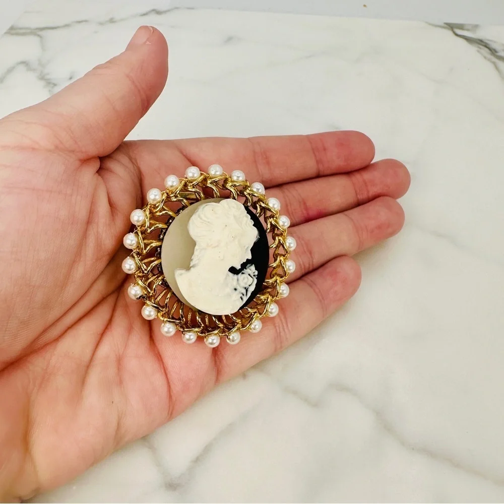 Vintage Faux Cameo Scarf Ring Slide Faux Pearl Romantic Victorian Bridgerton Big